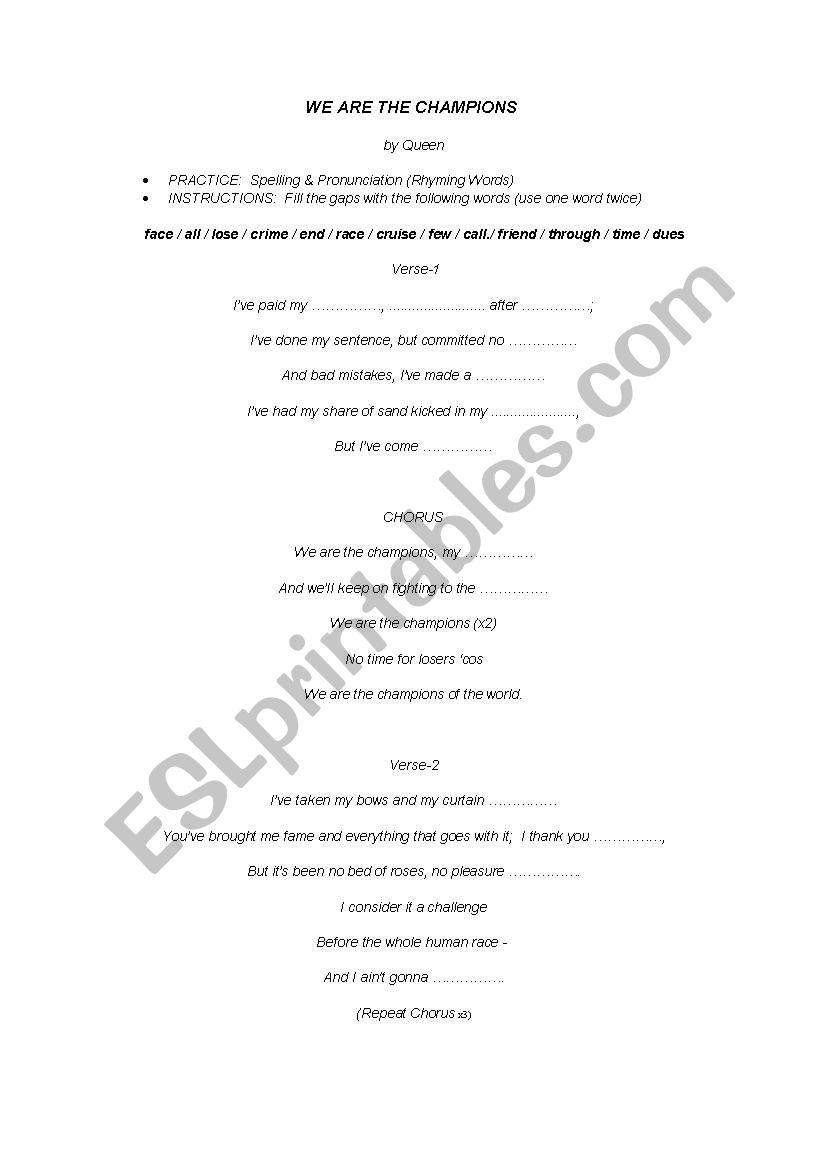 We are the champions worksheet