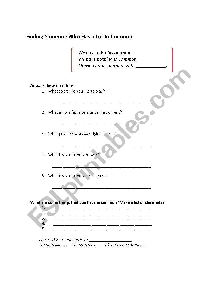A Lot in Common worksheet