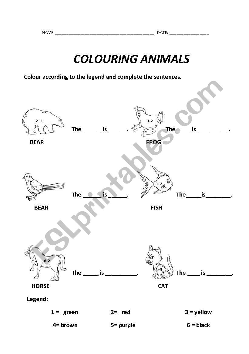 Colouring animals worksheet