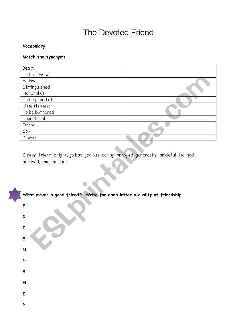 Oscar Wilde - The devoted friend vocabulary activity