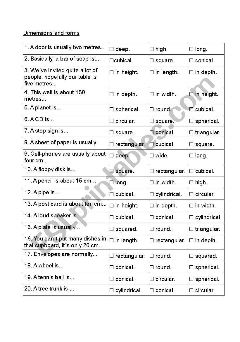 Dimensions and Forms worksheet