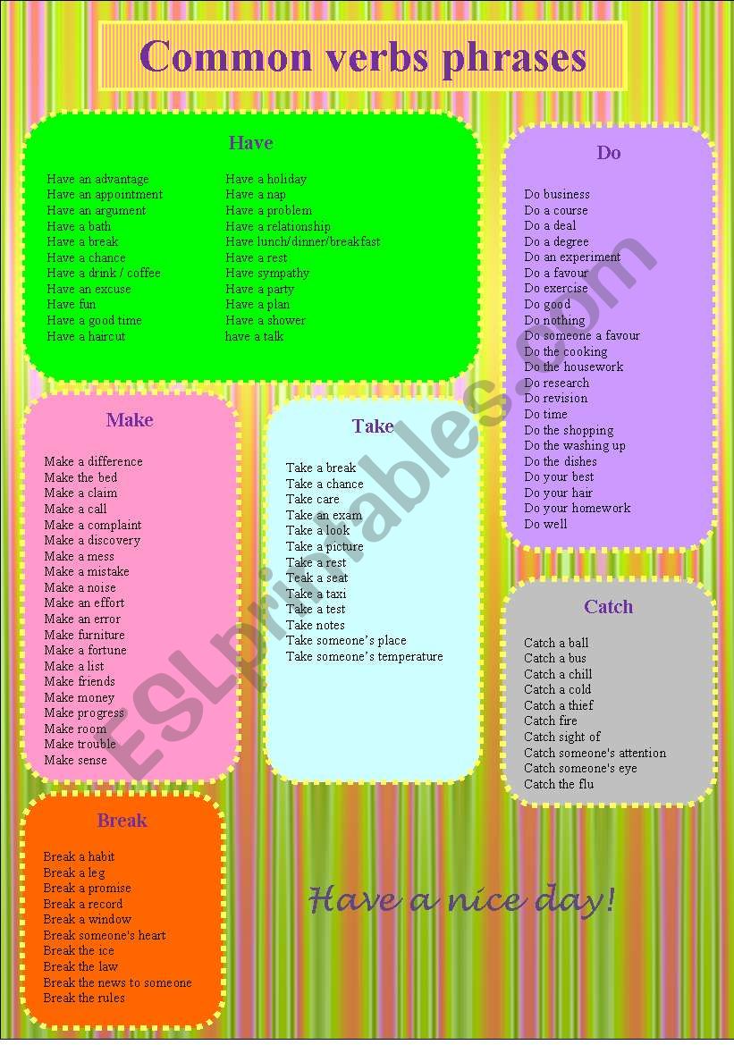 common verbs uses: have, do, make, take, break and catch