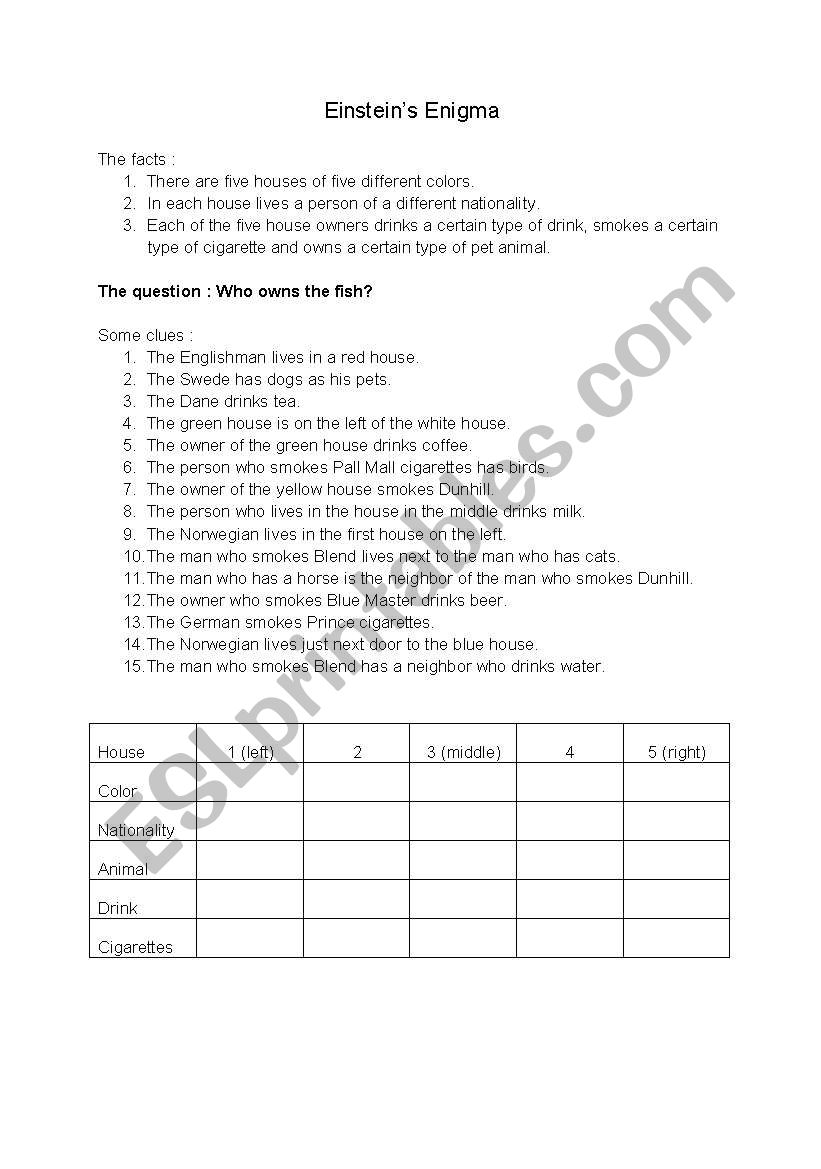 EINSTEINS ENIGMA worksheet