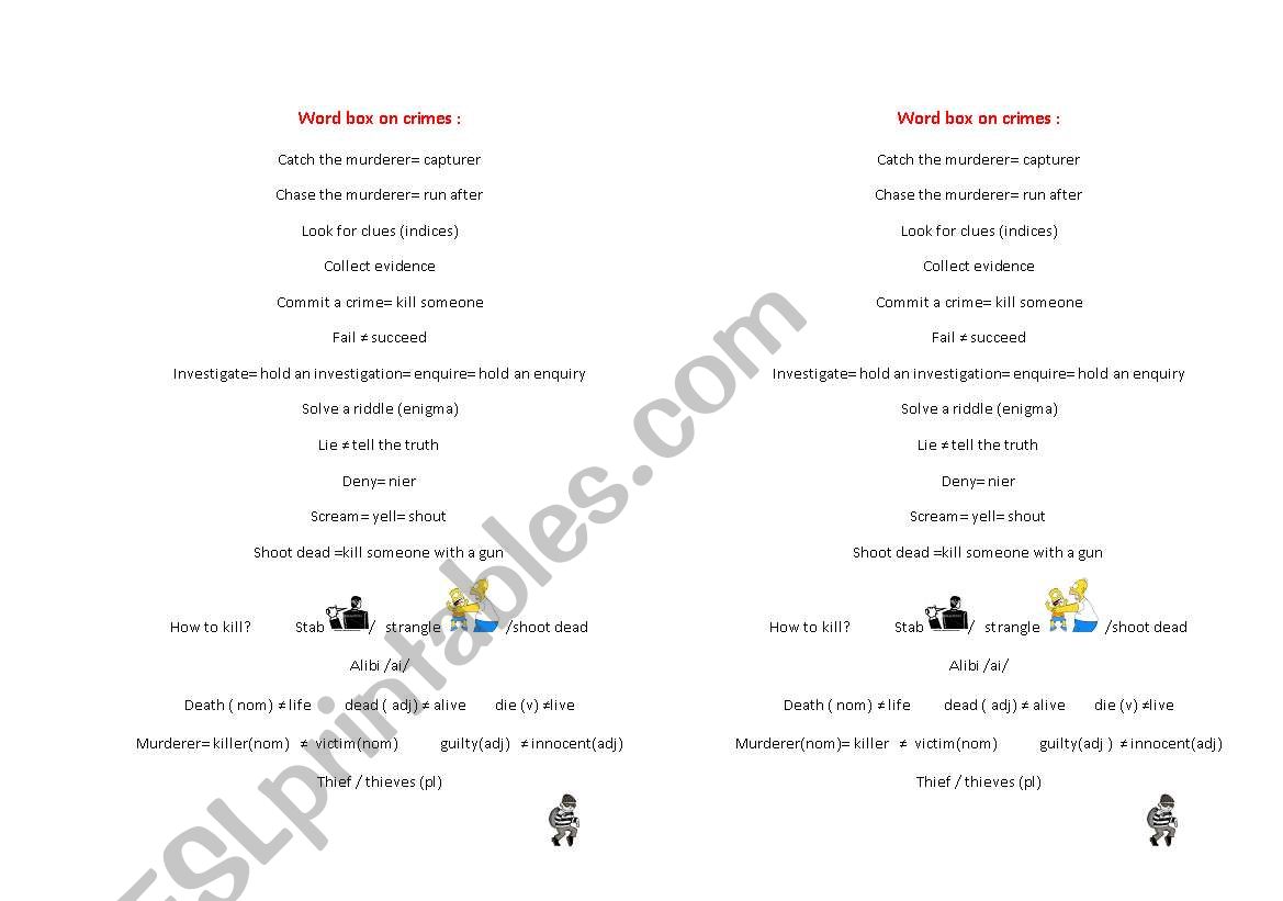 Word Box in crimes worksheet