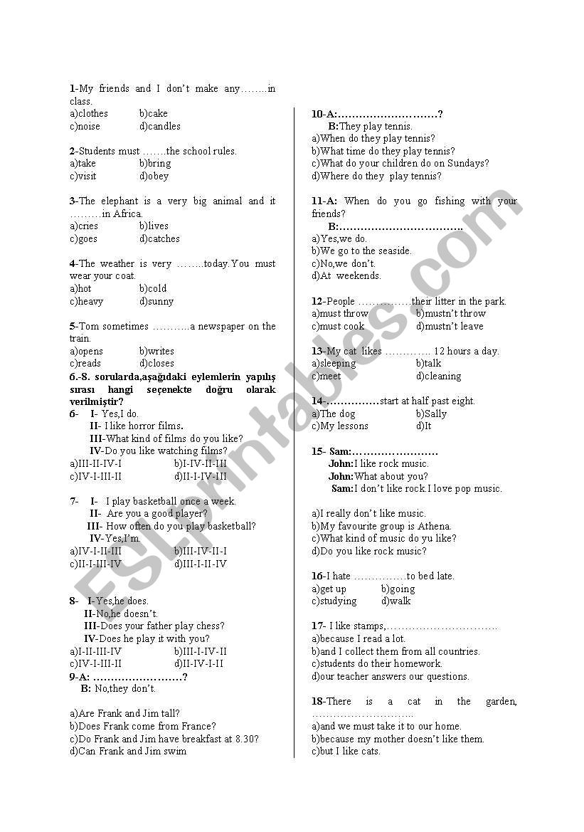 test for students worksheet