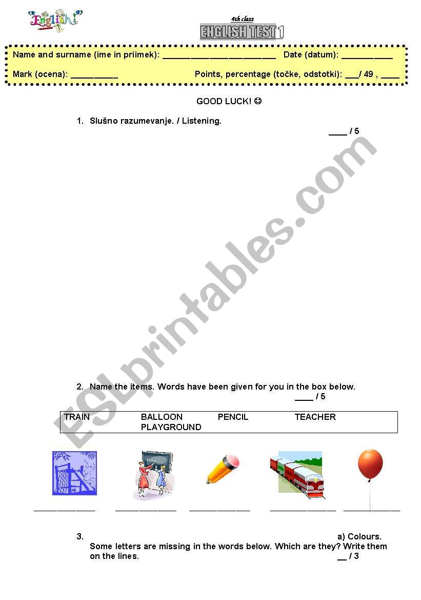 test fot the 4th grade (colours, numbers 1-10, school objects