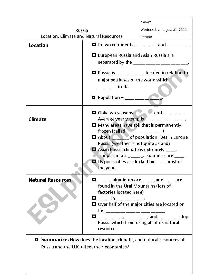 Cornell Notes on Russia worksheet