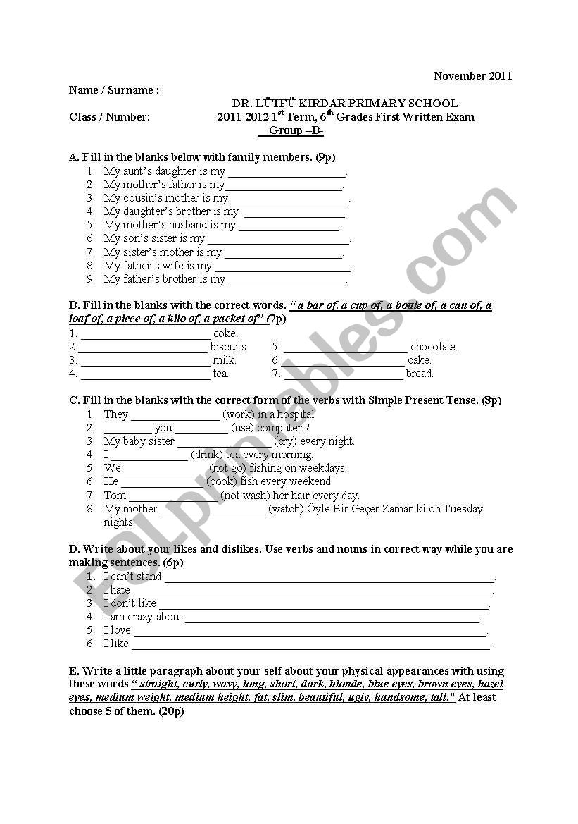 6th grades exam worksheet