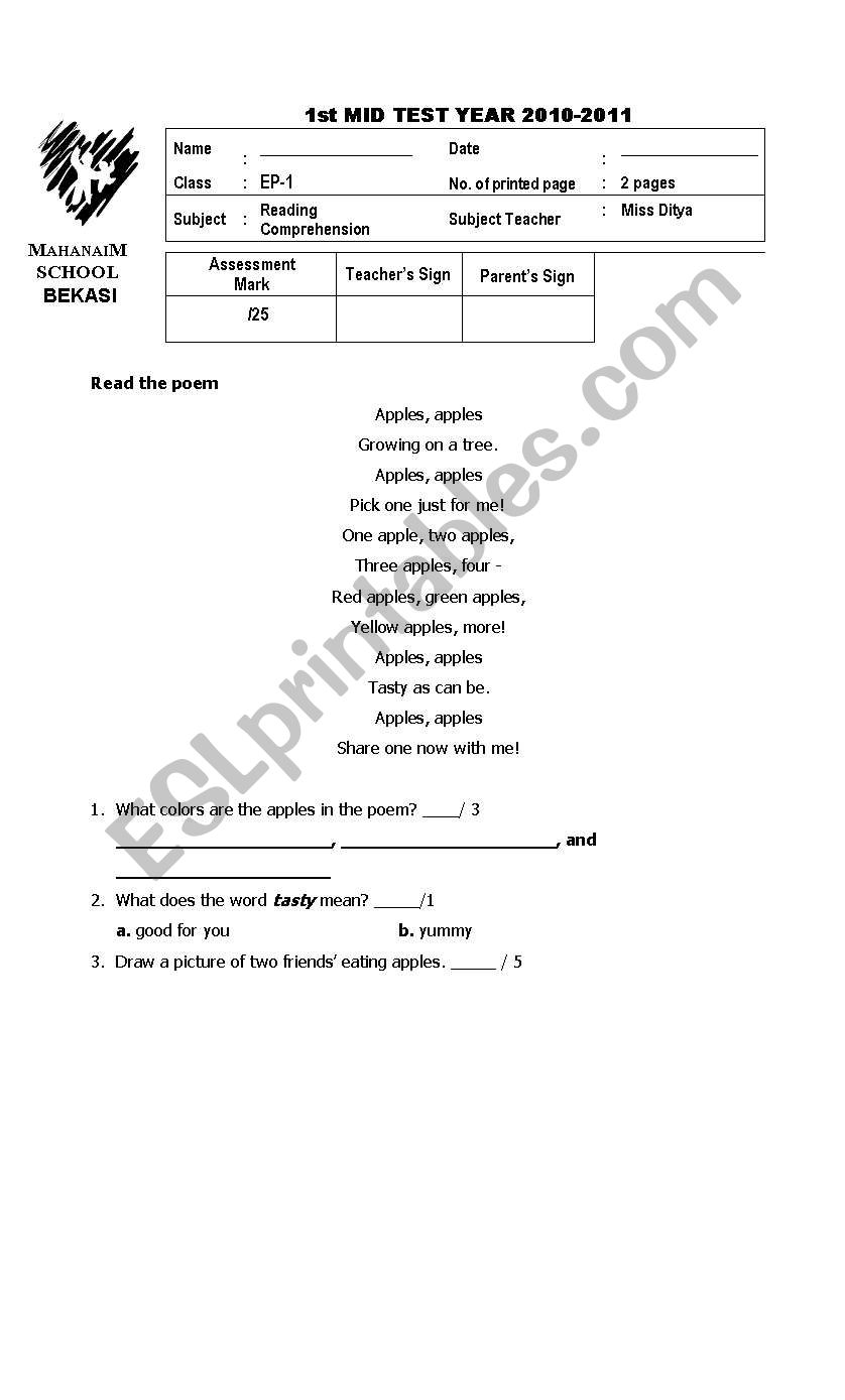 Mid test, all reading worksheet