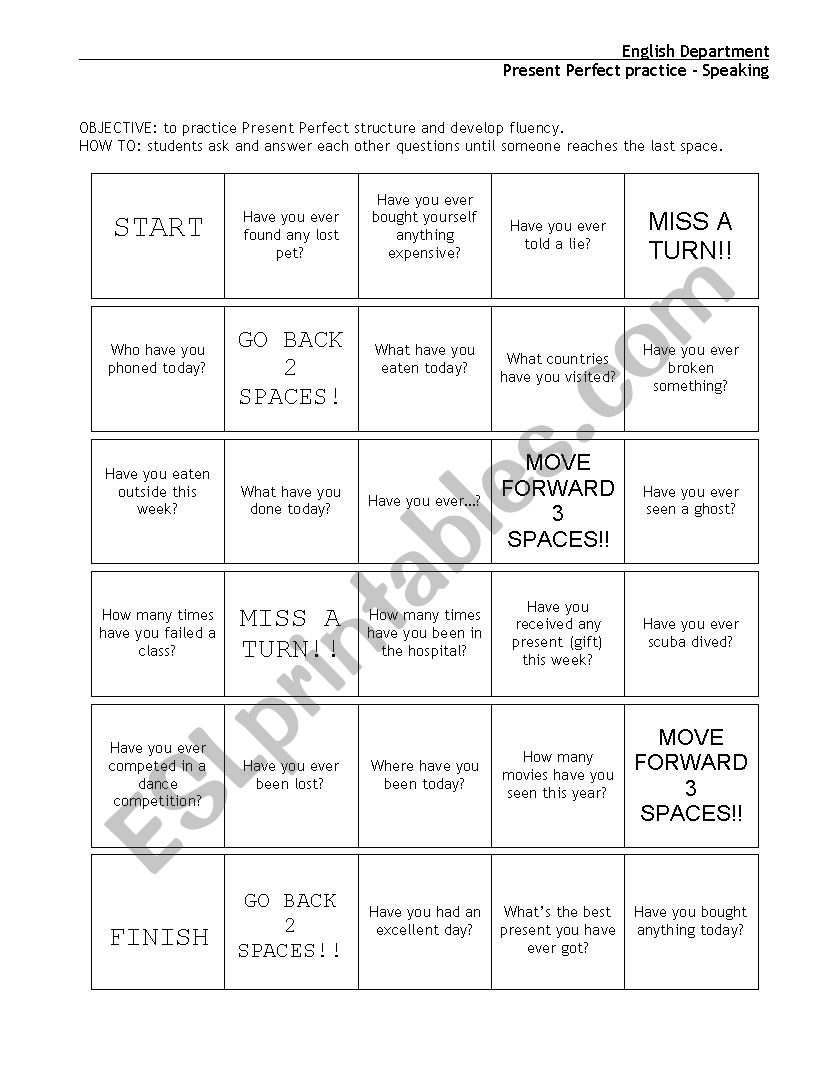 Present Perfect Board game  worksheet