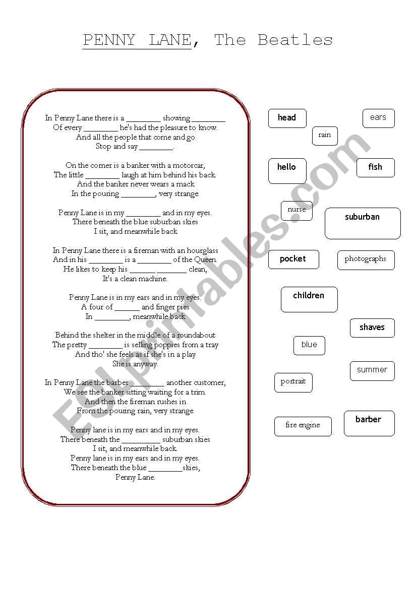 PENNY LANE, the Beatles - worksheet