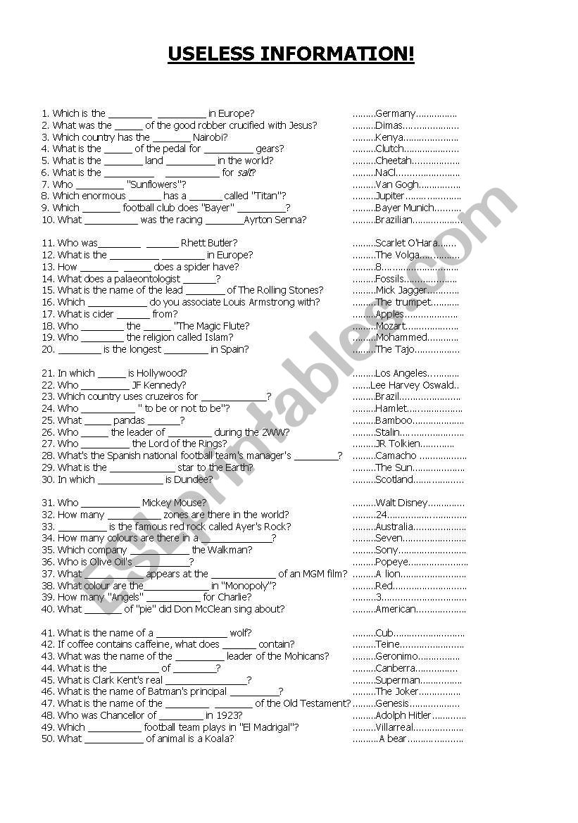 USELESS INFORMATION! worksheet