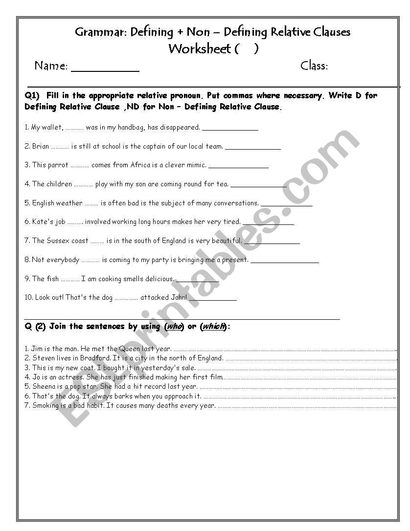 defining and non-defining relative clauses