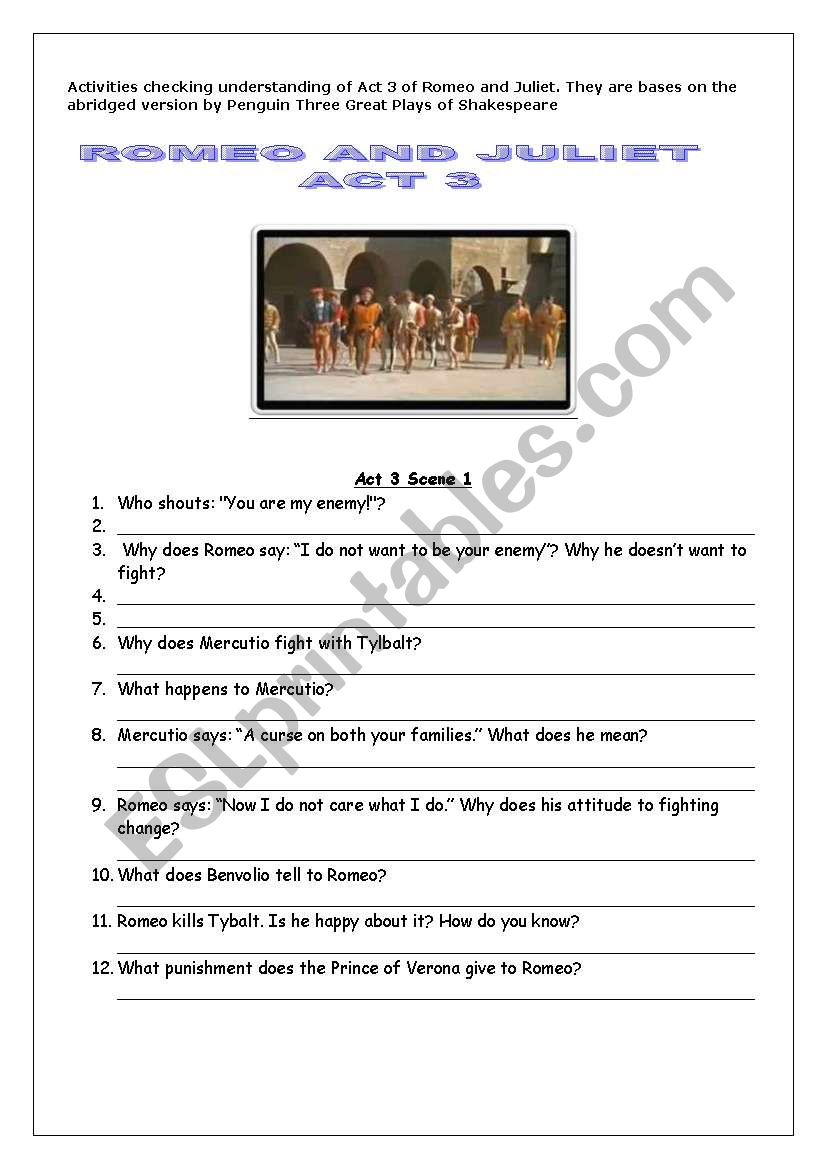Romeo and Juliet Act 3 worksheet