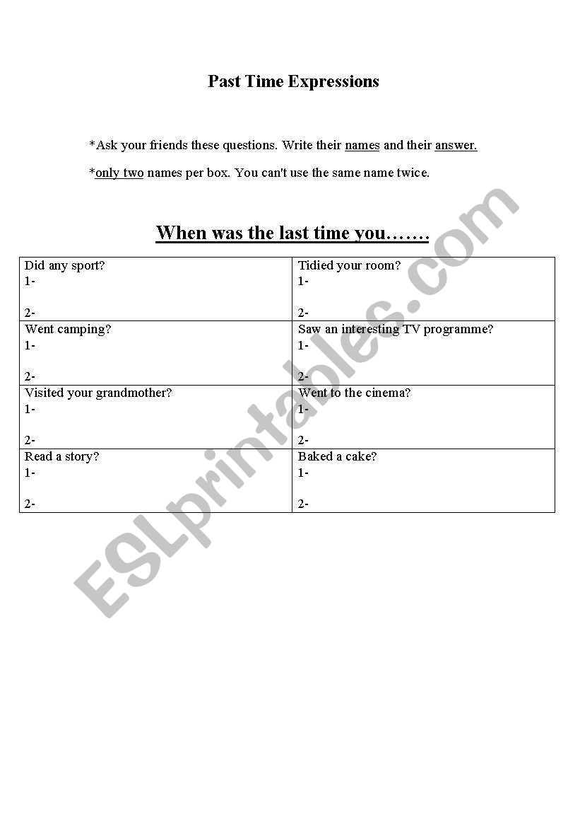 Past time expressions worksheet