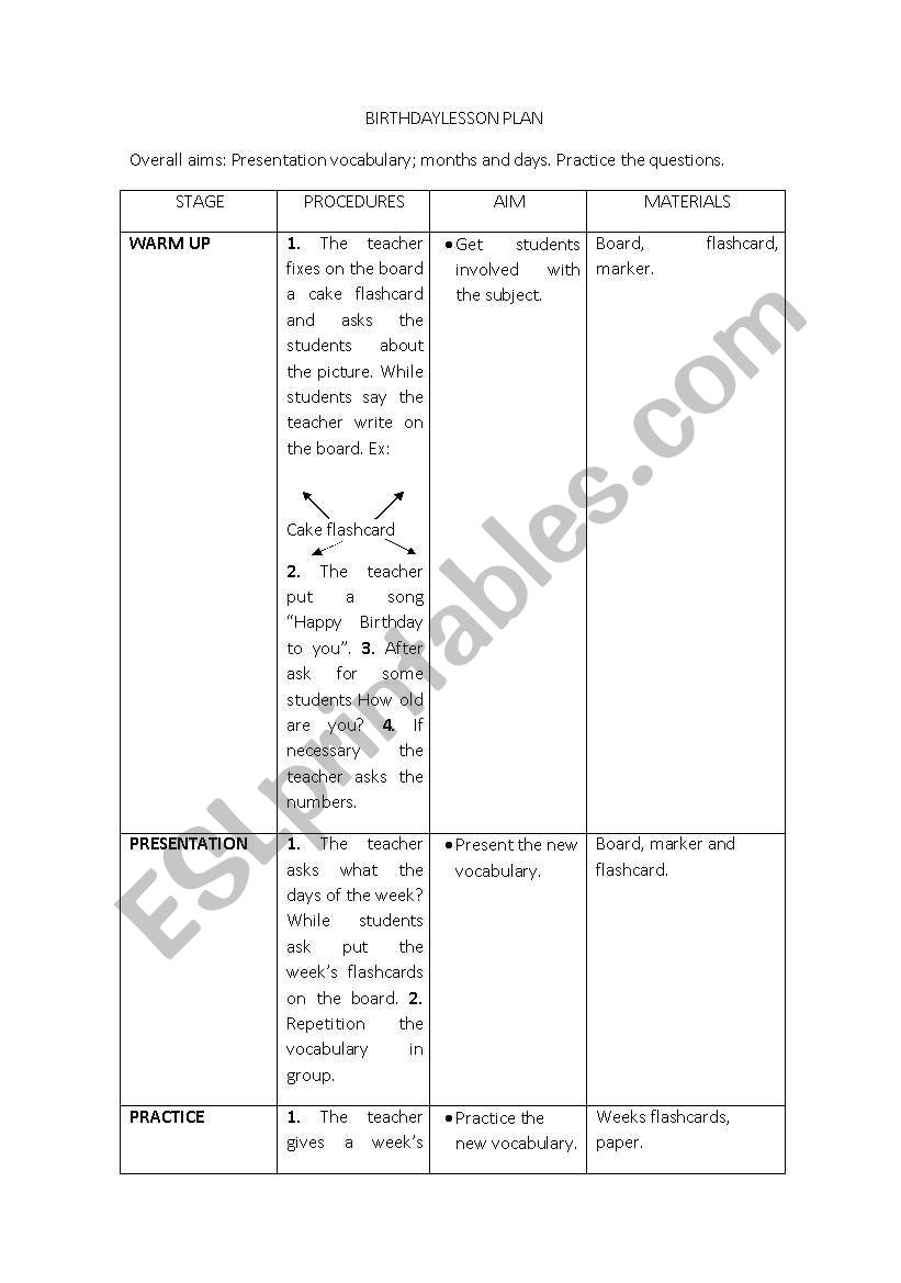 BIRTHDAY LESSON PLAN worksheet