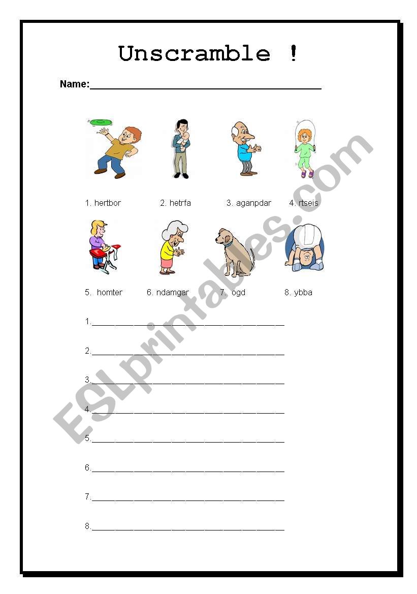 Family Unscramble worksheet