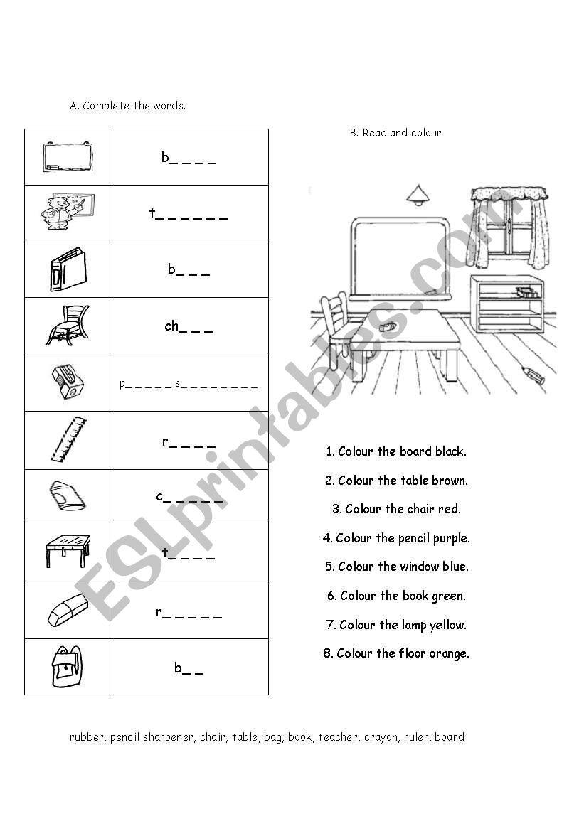 school objects worksheet