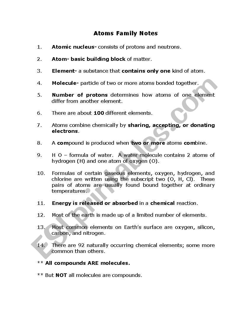 Atom Notes worksheet