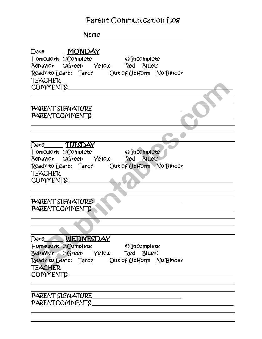 Parent Communication Log worksheet