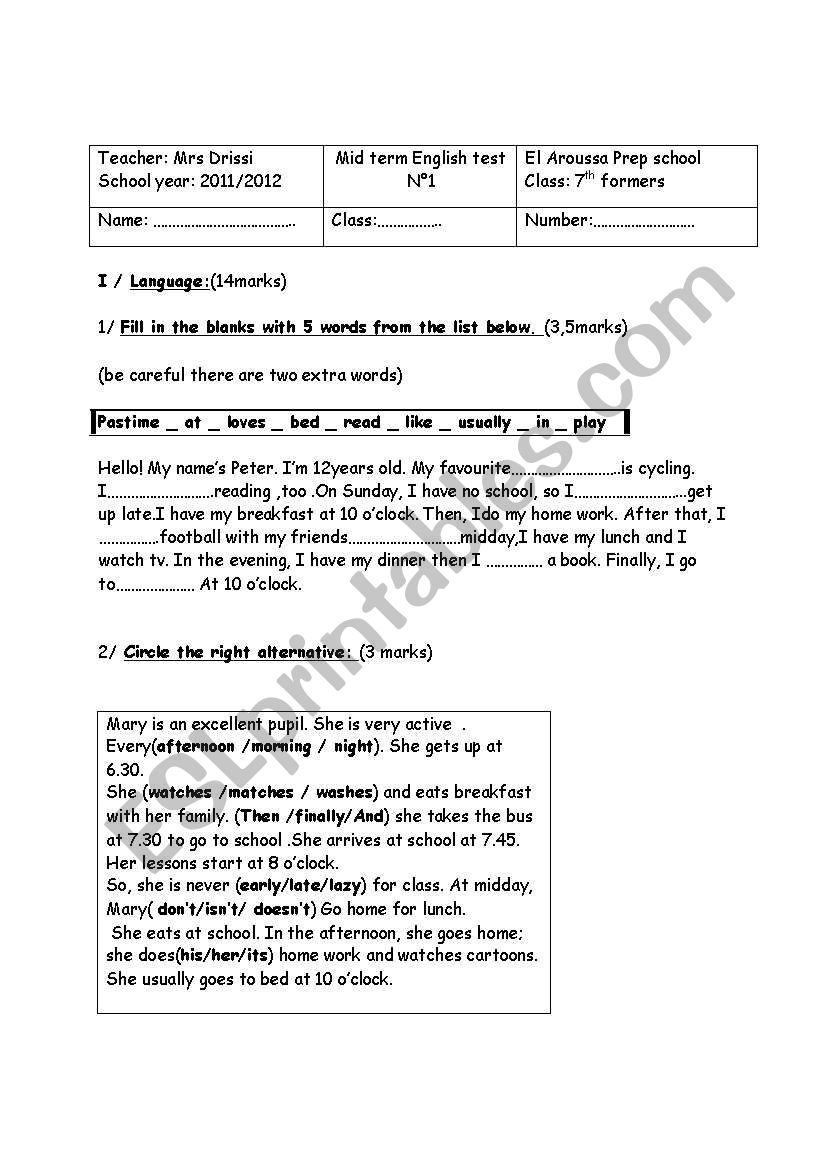 7th test worksheet