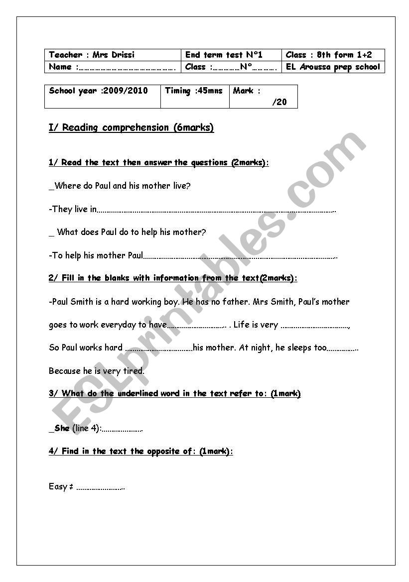 8th end term test 1 worksheet