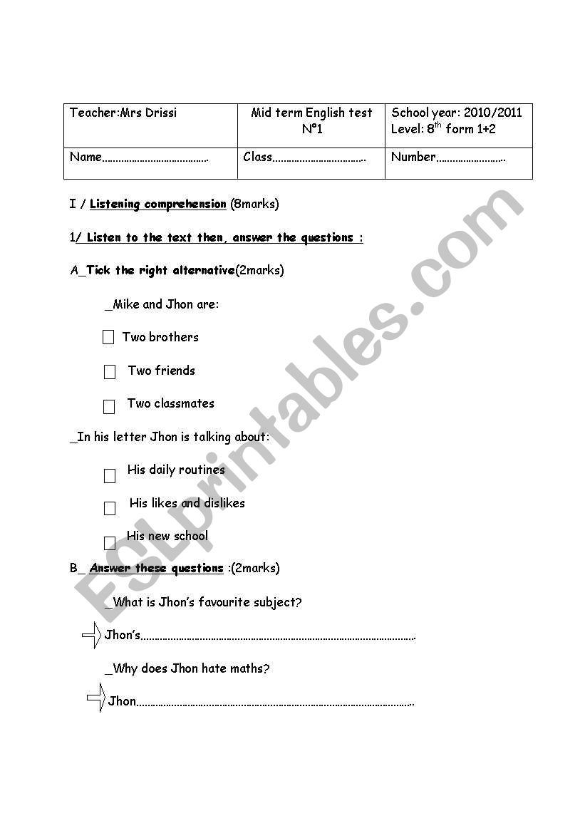 8th mid term test worksheet