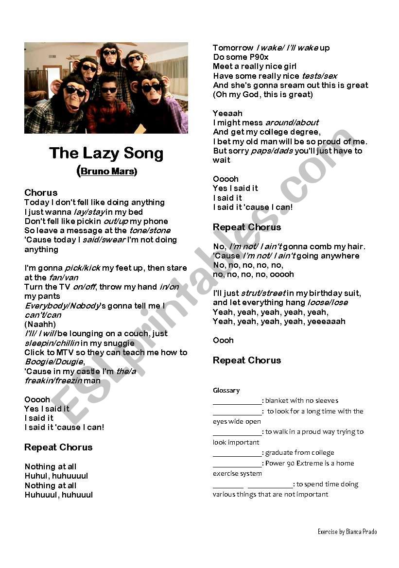 The lazy song worksheet