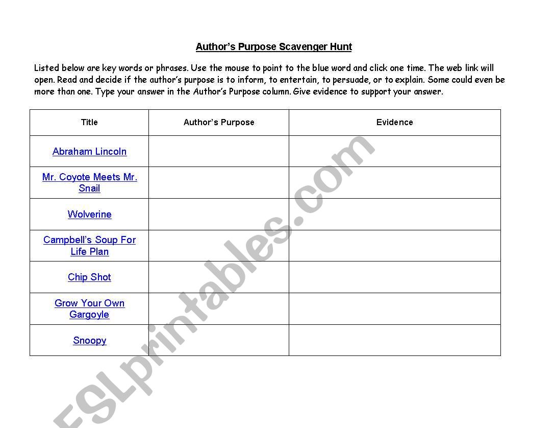Authors Purpose worksheet