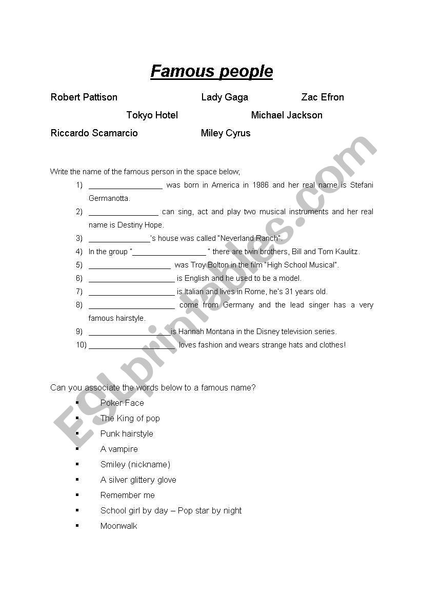 famous people worksheet