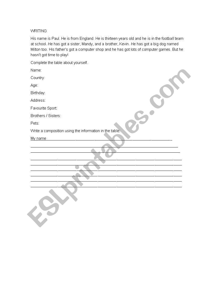 PERSONAL DESCRIPTION worksheet