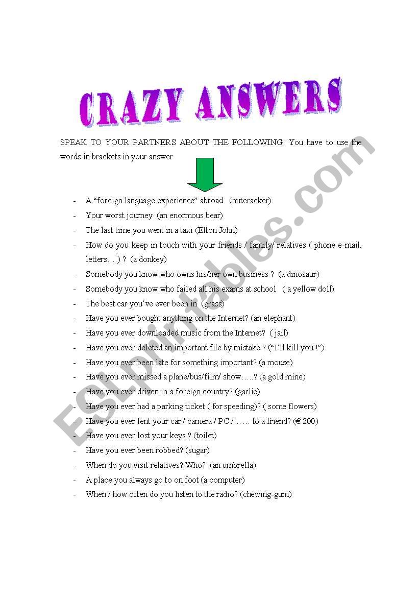 Crazy answers worksheet