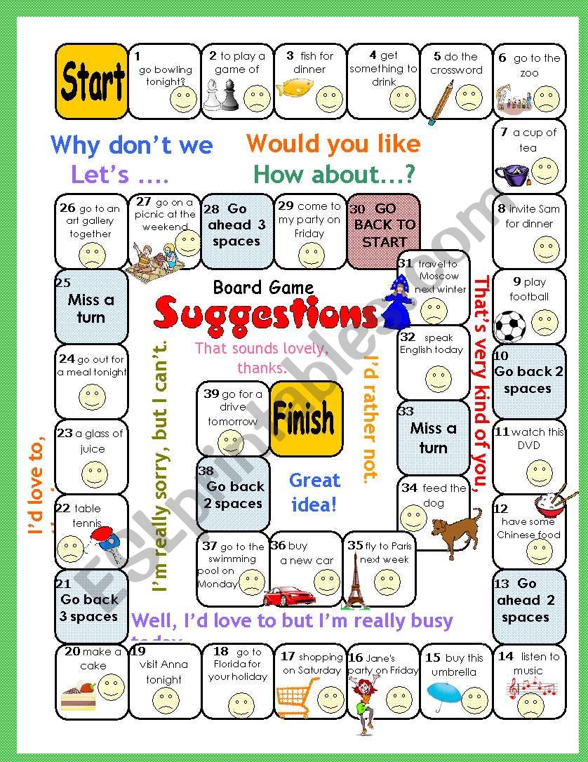 Making Suggestions Boardgame (Why donÂ´t we..? Lets.. Would you like...? How about ...?)
