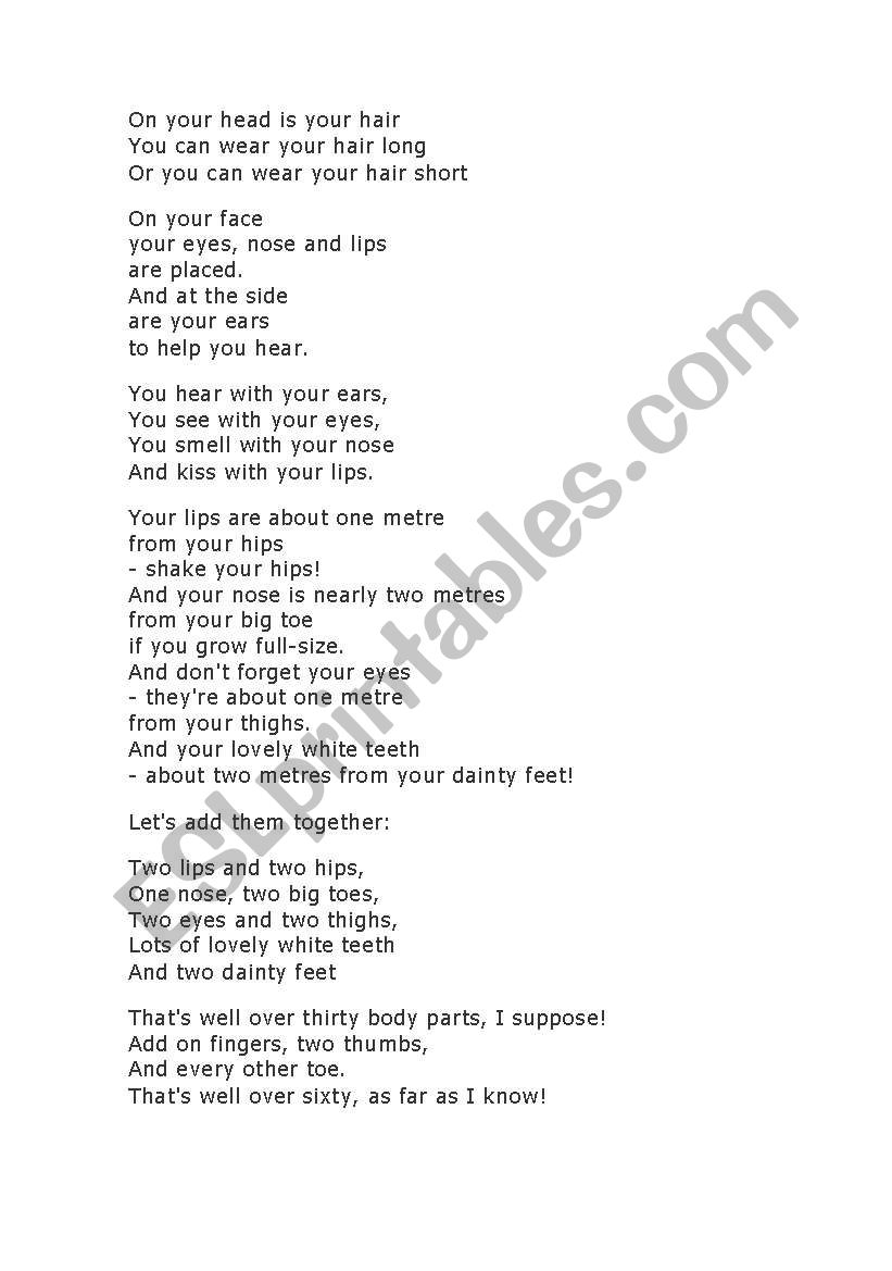 Body Parts Poem - ESL worksheet by navybluefm