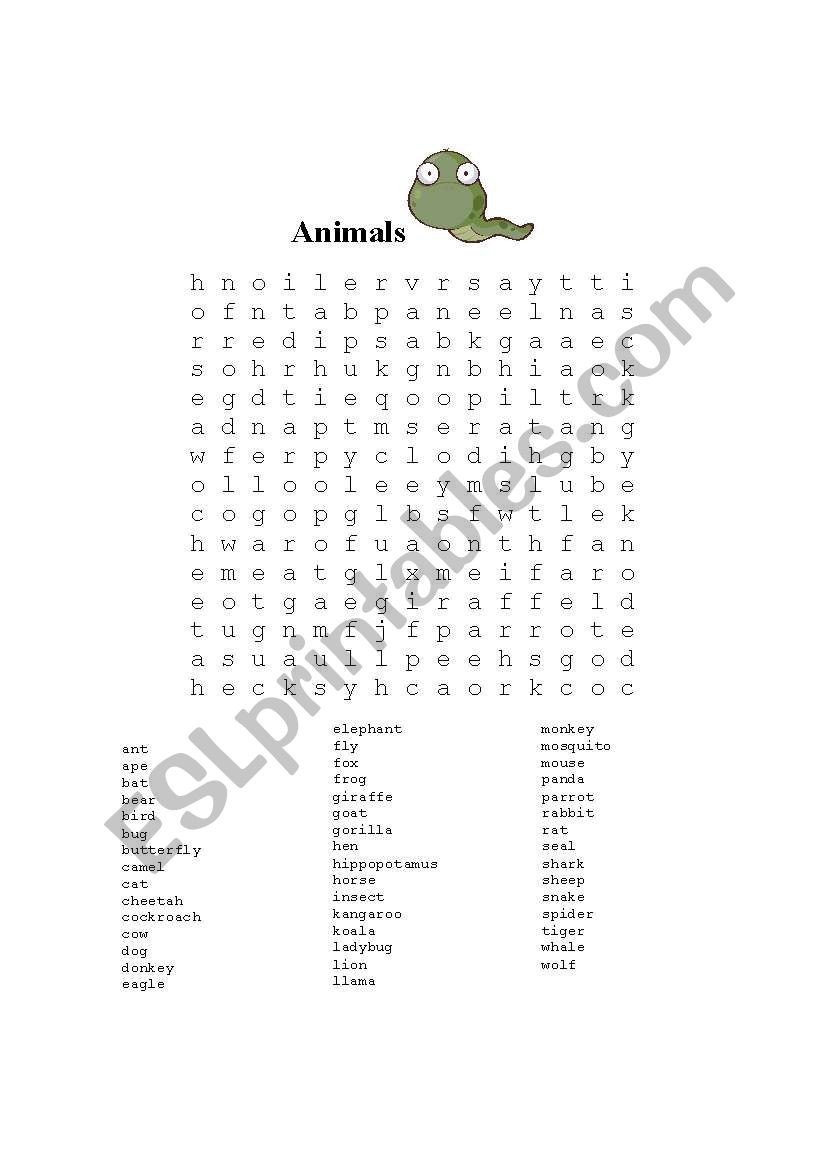 Animal wordsearch worksheet