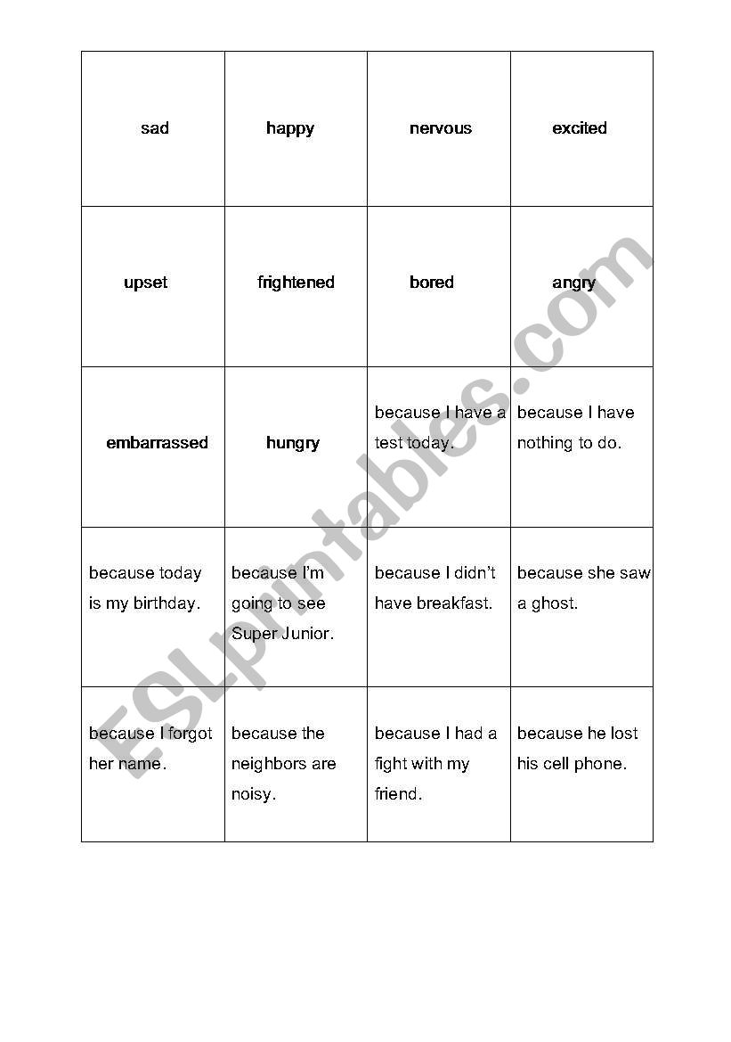 Feelings card game worksheet