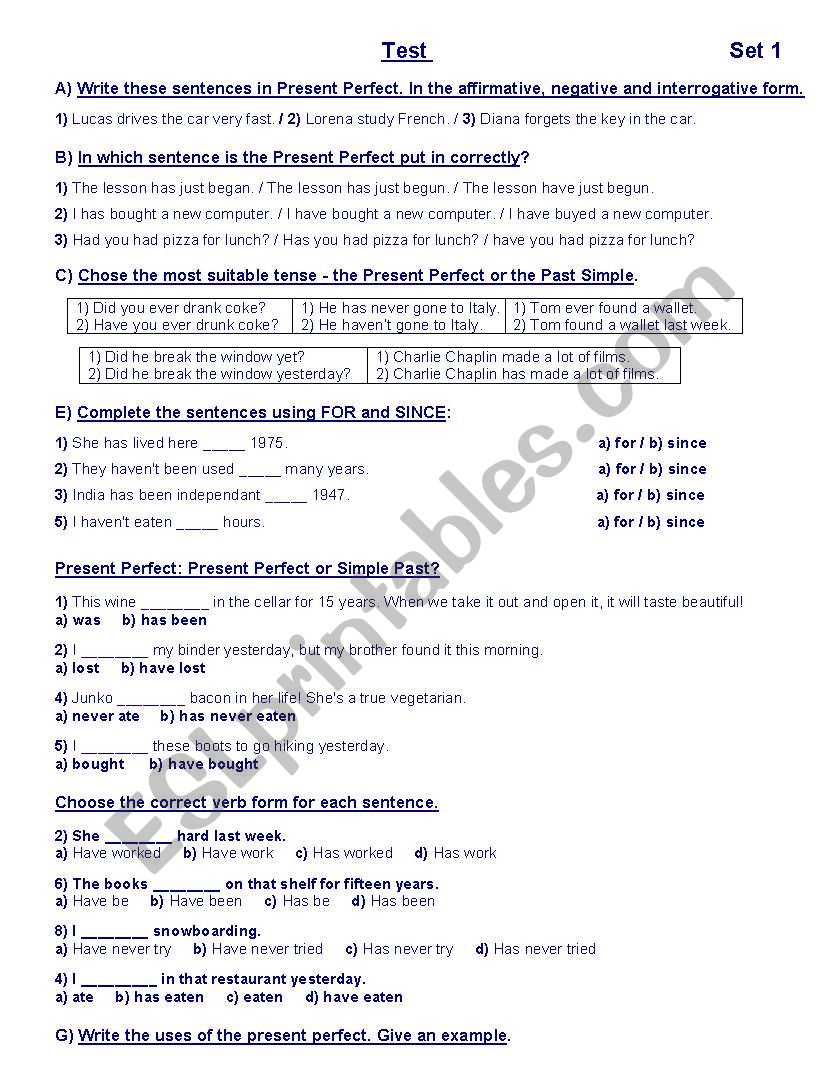 Test on Present perfect worksheet