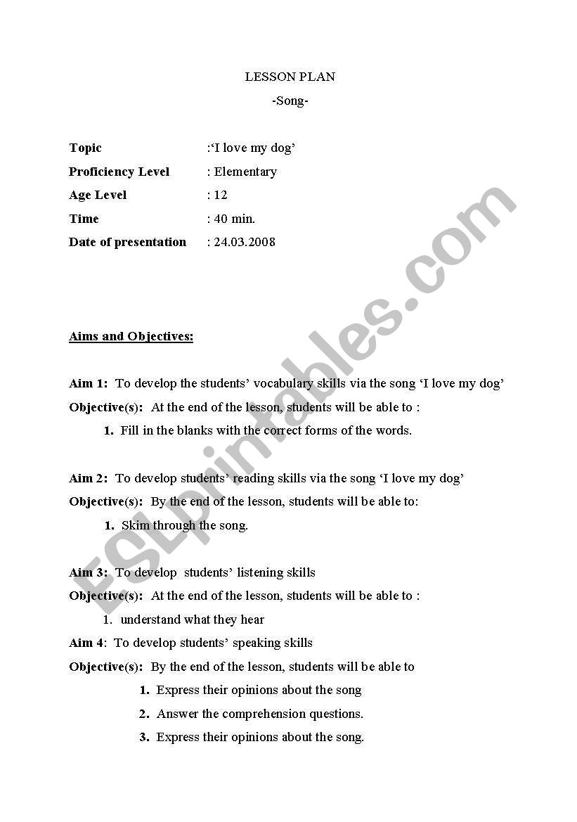 Teaching Song worksheet