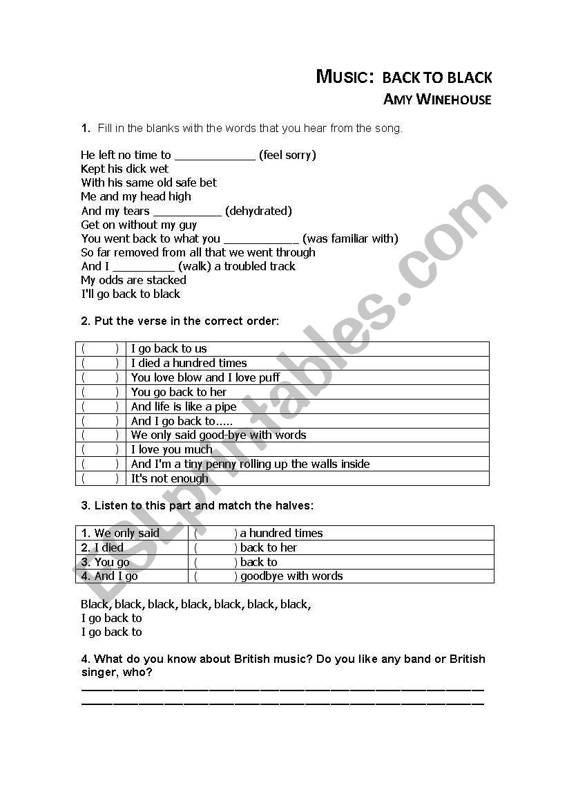 Back to black worksheet