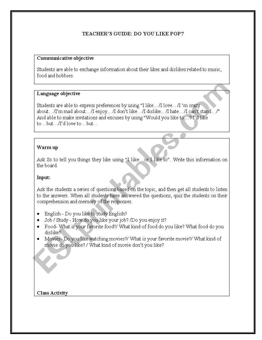 HOBBIES TEACHERS GUIDE worksheet