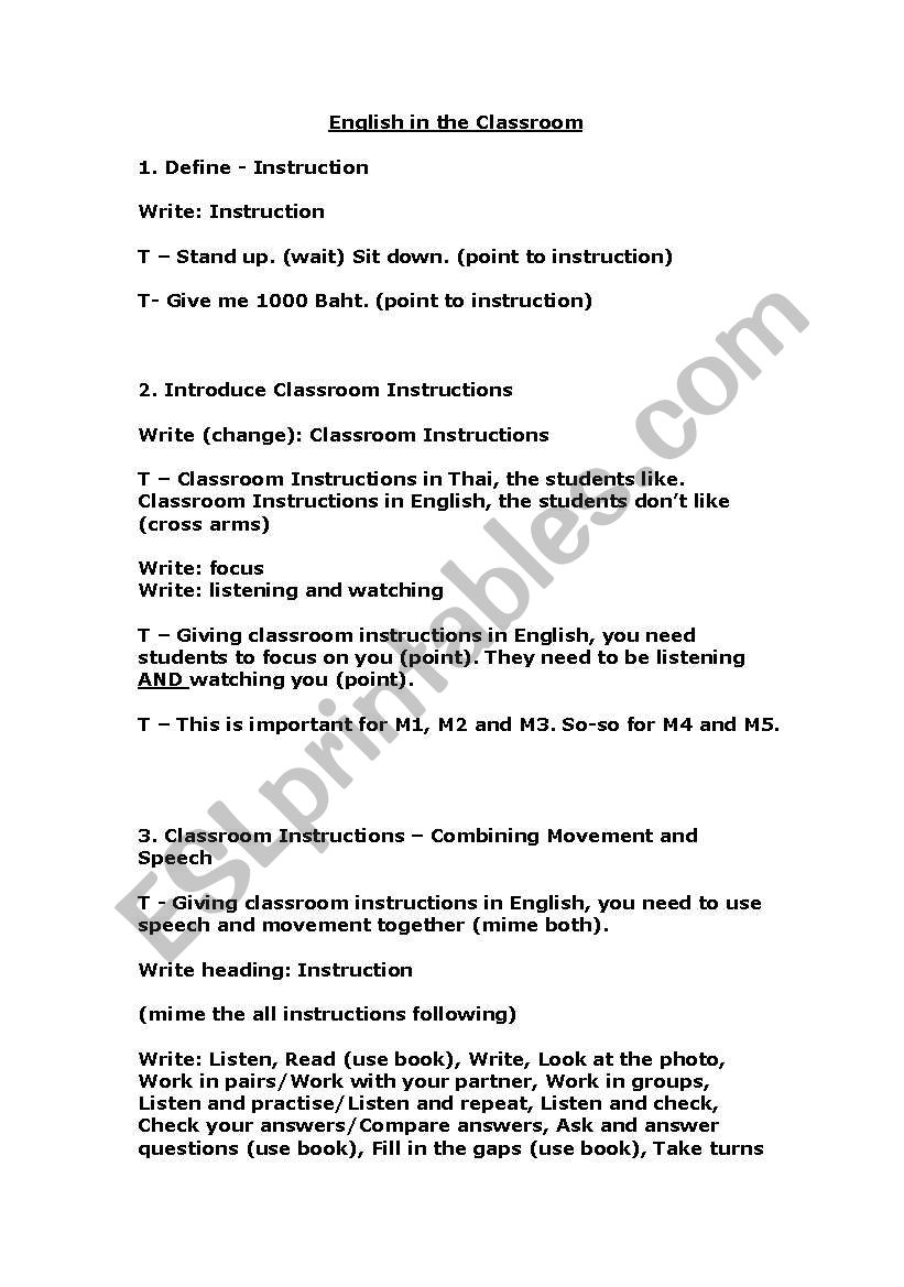 English in the classroom worksheet