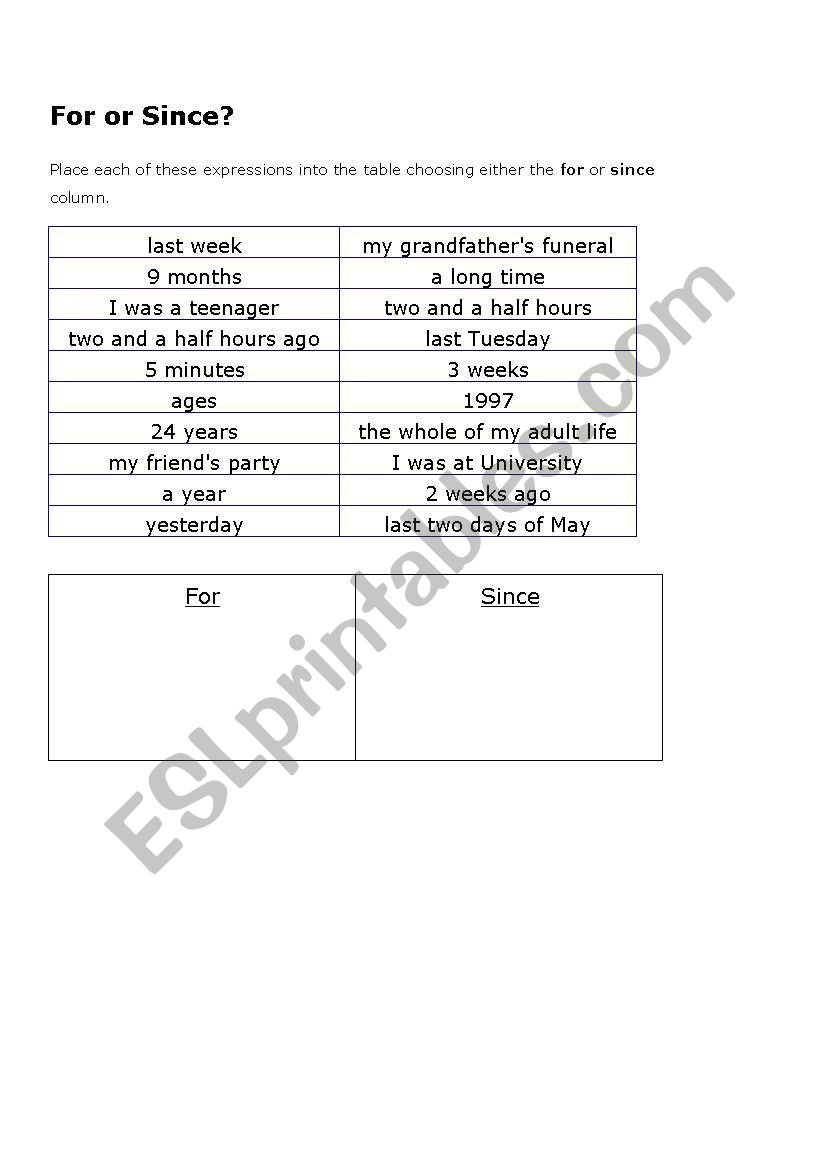 since and for worksheet