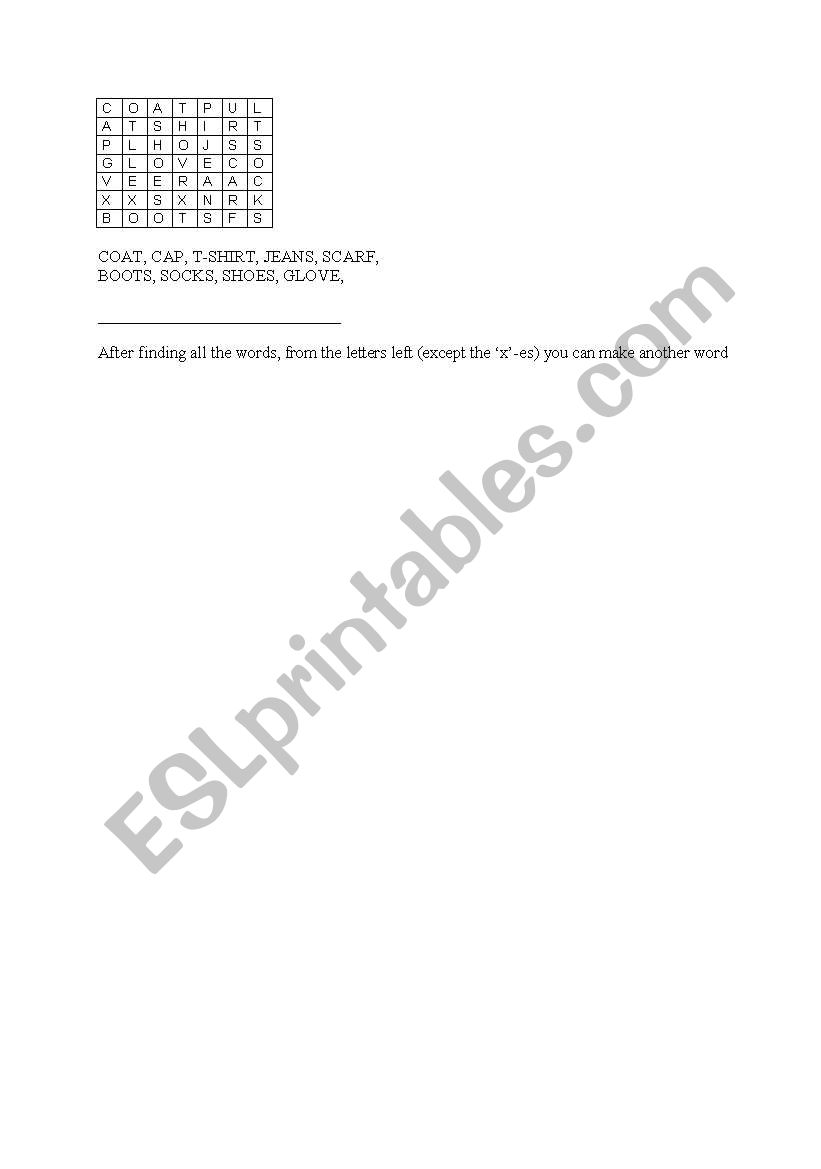 Small word-search, clothes worksheet
