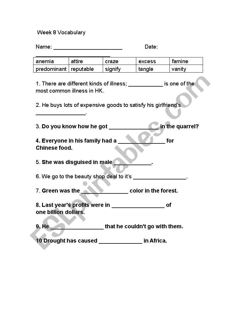 Secondary school voacb test worksheet