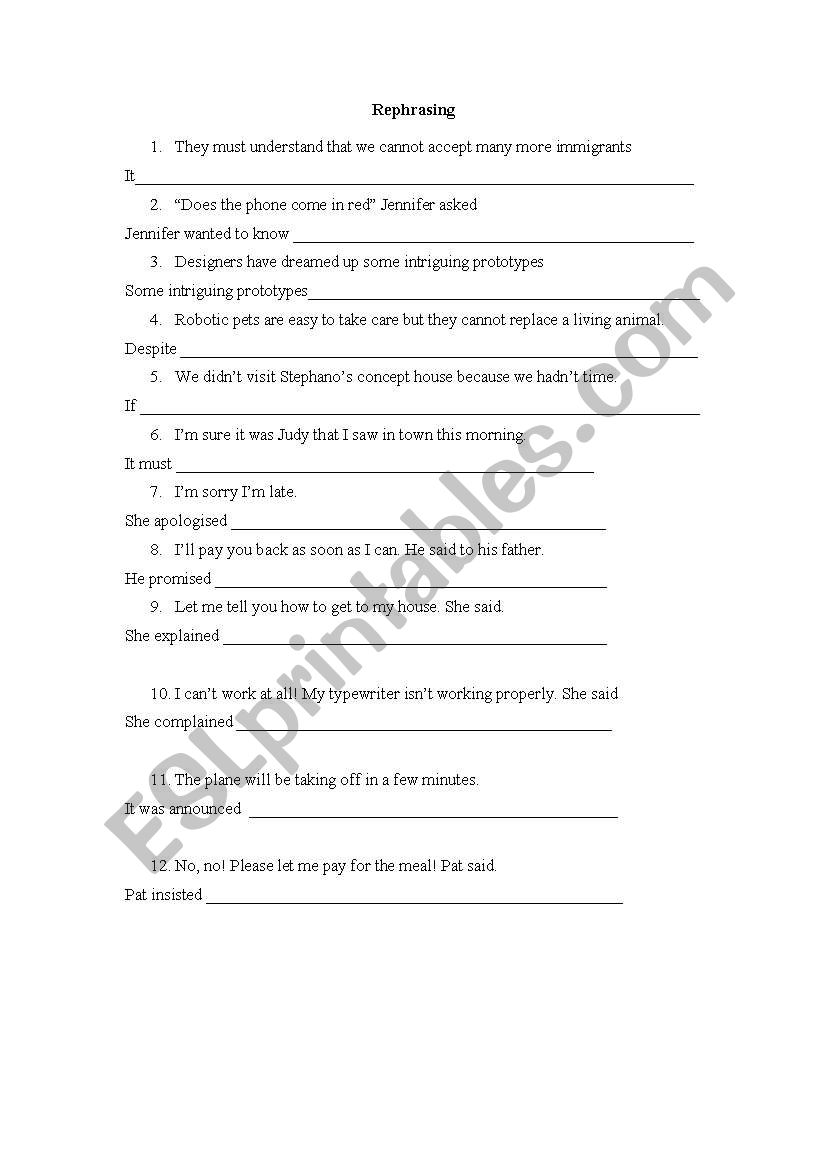 mixed rephrasing worksheet