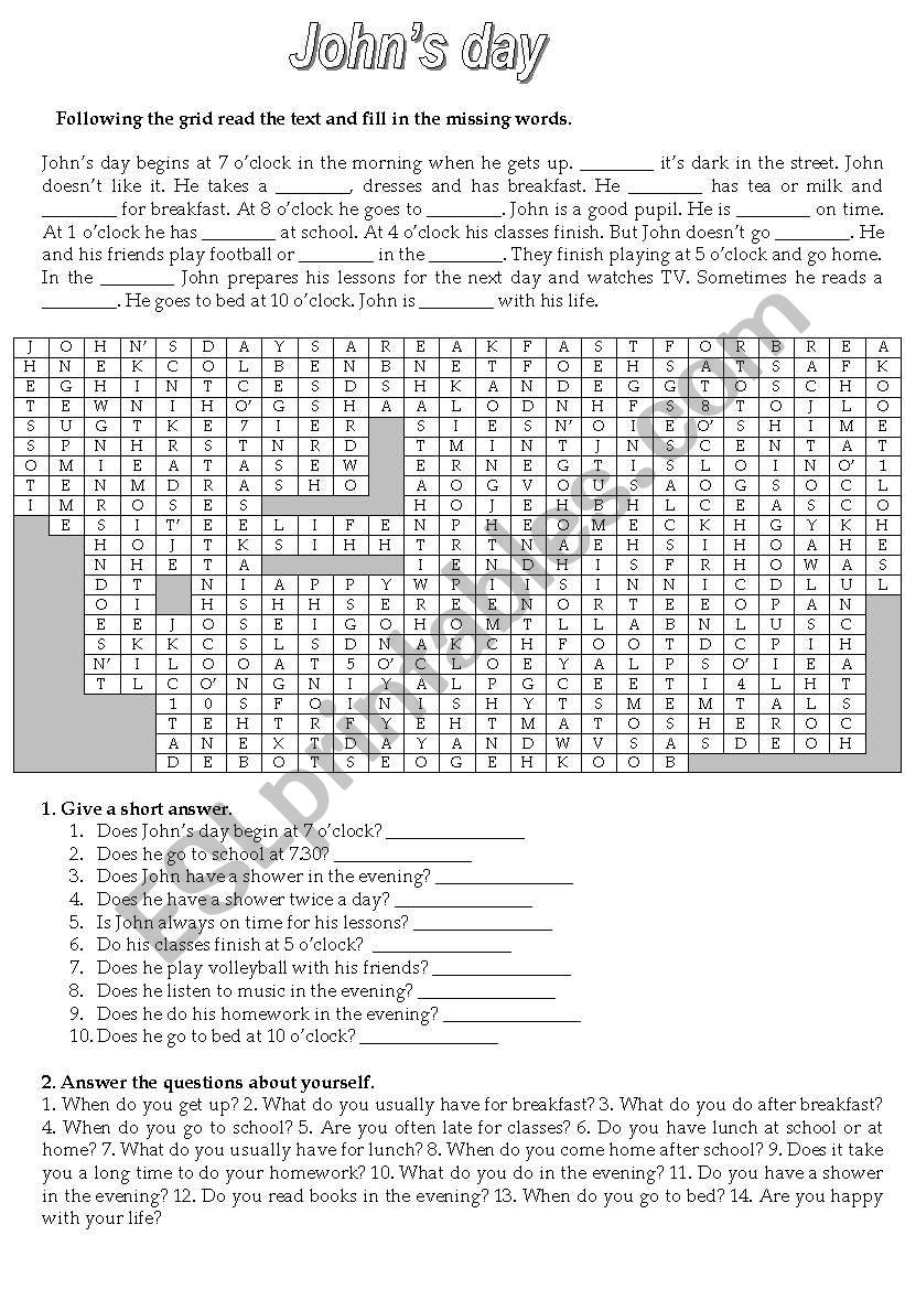 Johns day worksheet