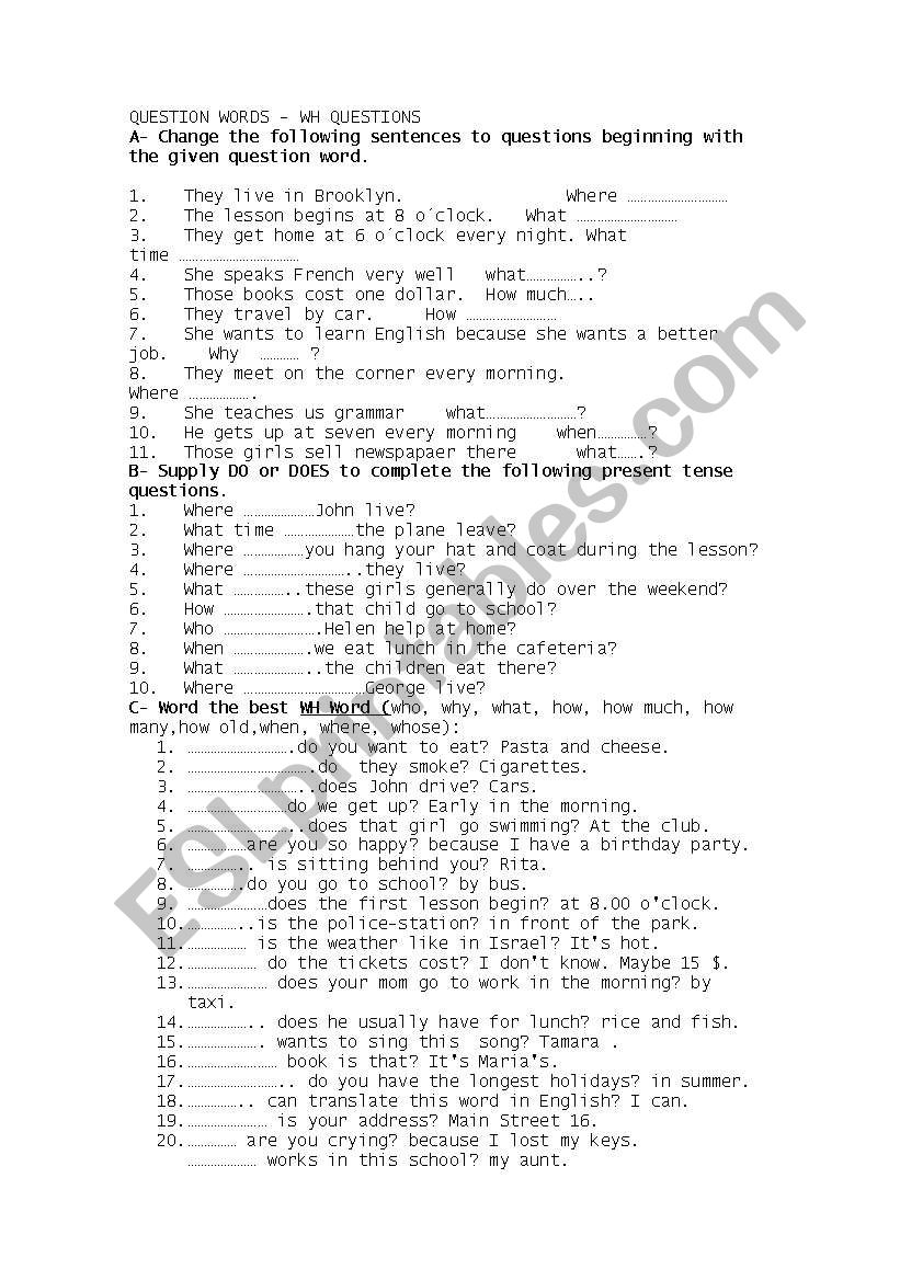 questions worksheet