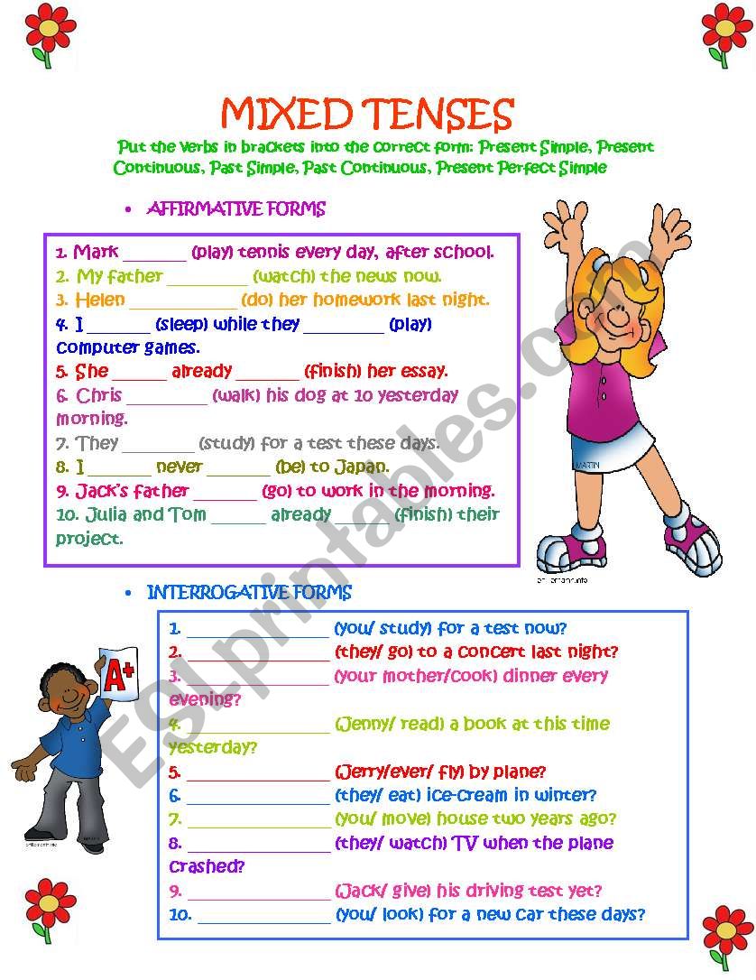 Put the verbs in Brackets into the correct present simple from 5 класс. Mixed tenses worksheet
