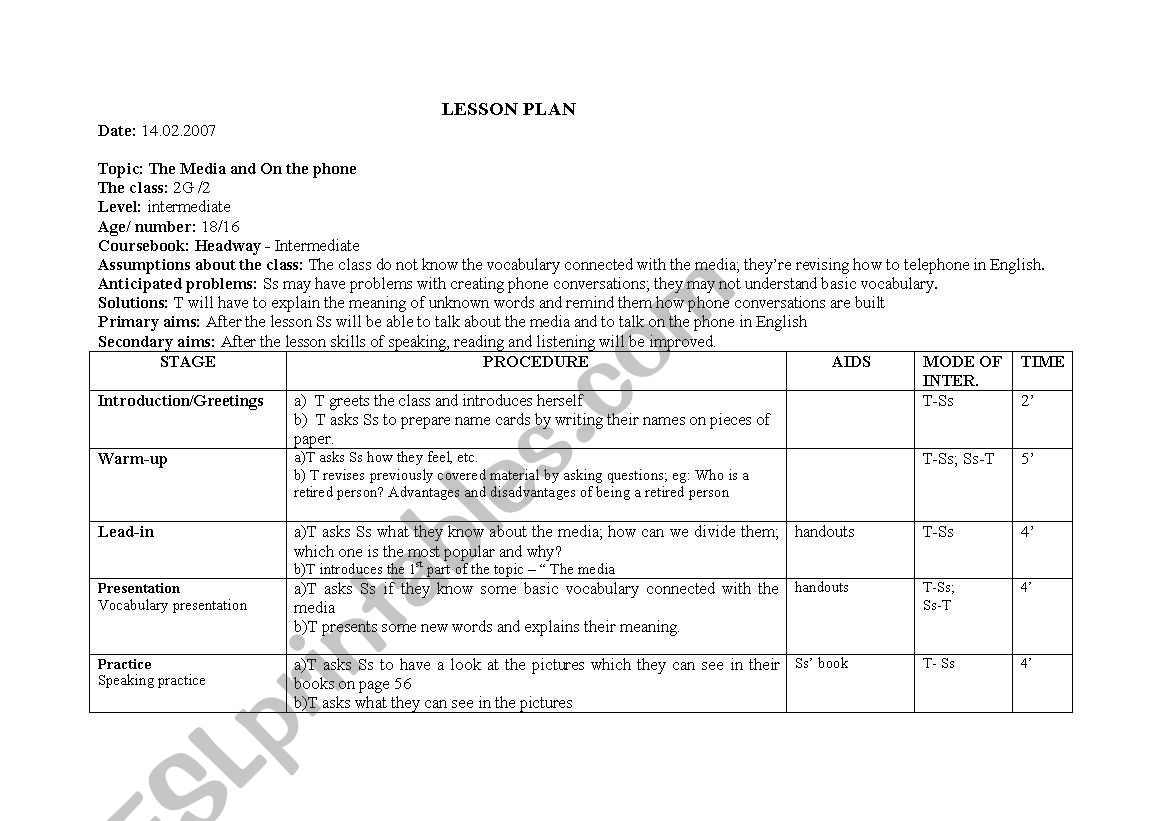 the media - lesson plan worksheet