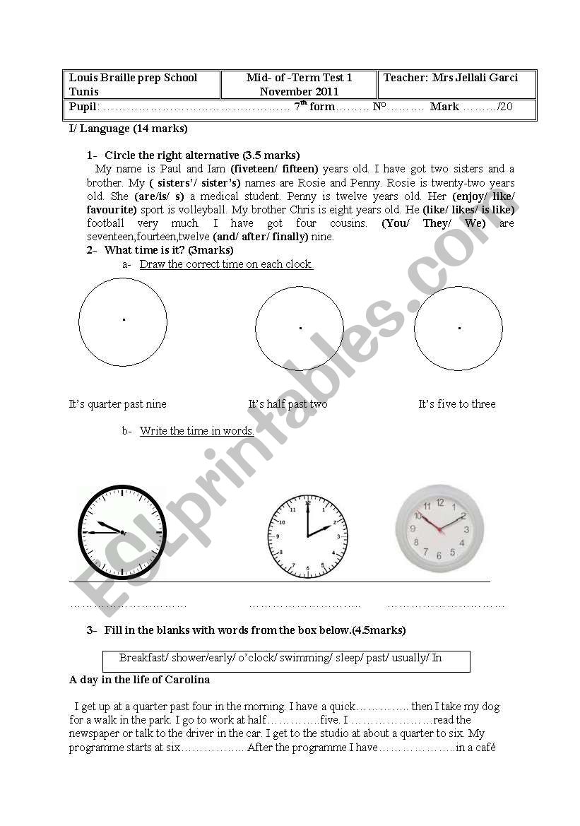 mid of term test worksheet